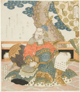 Qin Ming (Shinmei), ca. 1828 (fargetrykk av treblokker med metalliske pigmenter; pentatykk surimono shikishiban) av Yashima Gakutei