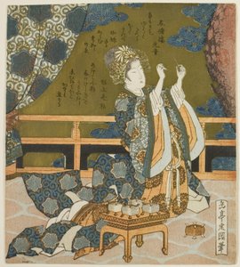 To kinesiske kvinner undersøker tråd og et edderkoppnett i en boks, fra serien "Diptych for the Drum Group" av Yashima Gakutei