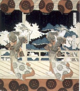 To dansere opptrer på scenen, fra The Dance at Furuichi for Hisakataya Group-serien, ca. 1822 (blekk) av Yashima Gakutei