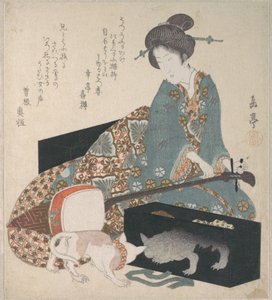 Kvinne som stemmer en shamisen, og en katt som ser på sitt eget speilbilde av Yashima Gakutei