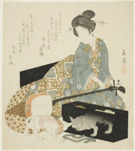 Kvinne med Shamisen og katt av Yashima Gakutei