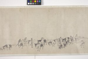 Ett hundre esler som transporterer korn, håndrull, ca. 1700 (blekk på papir) av Ye Yin
