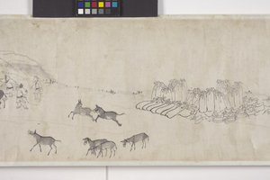 Ett hundre esler som transporterer korn, håndrull, ca. 1700 (blekk på papir) av Ye Yin