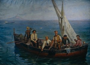 Lenin og forfatteren Maxim Gorky med fiskerne på Capri-øya, 1946 av Yefim Mikhailovich Tcheptsov