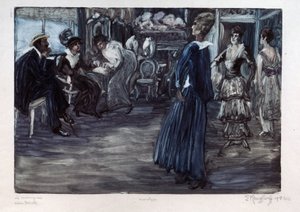 Moteverksted (Moteverksted). Presentasjonsrom for couture-modeller, kvinner paraderer foran et par i et privat rom. Verk av Yelisaveta (Elisabeth) Sergeyevna Krouglikova (Elizaveta Sergeevna Krouglikova) (1865-1941), monotypi