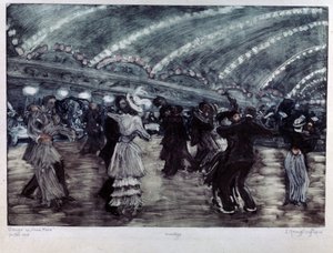 Tango a Luna Park (Tango Dance at Luna Park). Par dansere på et bredt gulv, opplyst fra taket av kranser av lys. Kunstverk av Yelisaveta (Elisabeth) Sergeyevna Krouglikova (Elizaveta Sergeevna Krouglikova) (1865-1941), gravering (