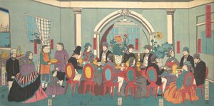 Utlendinger fra de fem nasjonene nyter en bankett, 3. måned, 1861. av Yoshikazu