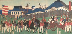 Bilde av en prosesjon av utlendinger ved Yokohama, 2. måned, 1861.