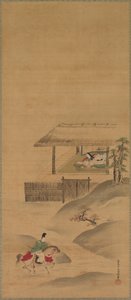 Minamoto no Nakakuni besøker Lady Kogo, Triptych of hengende ruller, sent på 1600-tallet (blekk og farge på silke)