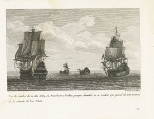 Einde van het gevecht van Jan Bart op 22 mai, 1689 Slutten av kampen 22. mai 1689, hvor Jean-Bart og Forbin, selv om de er demaskerte, bare overgir seg når de er sikret at flåten deres trekker seg tilbake (tittel på objekt) Samling av kampene til Jean-Bart