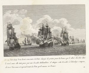 Jan Bart herovert graanschepen op een Hollands eskader, 1694 Den 29. juni 1694 møtte Jean-Bart flåten lastet med korn for Frankrike (...) og tok tilbake hele flåten som han brakte tilbake til Frankrike (tittel på objekt) Recueil des kamper av Jean-Bart, sj