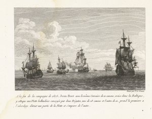 Jan Bart valt Hollandse schepen in de Baltische zee aan, 1675 På slutten av felttoget i 1675 angriper Jean-Bart med den samme Corsair på 10 kanoner, cruise i Østersjøen, en nederlandsk flåte (...) (tittel på objekt) Samling av Jean-Bars kamper