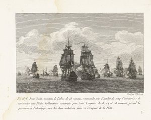 Jan Bart valt met zijn eskader en Hollandse vloot aan, 1676 I 1676 kommanderte Jean Bart, som monterte 18-kanons Palme, en skvadron på fem Corsairs (...) (tittel på objekt) Samling av kampene til Jean-Bart, skvadronsjef under Louis XIV (serietittel)