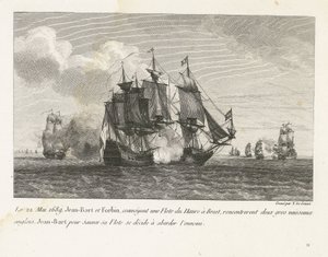 Jan Bart valt twee Engelse schepen aan, 1689 Den 22. mai 1689, Jean-Bart og Forbin, som transporterte en flåte fra Le Havre til Brest, møtte to store engelske fartøyer, Jean-Bart for å redde sin flåte bestemmer seg for å nærme seg fienden (tittel på objekt