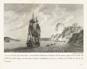 Jan Bart valt zes Hollandse schepen aan voor de kust van Portugal, 1693 I juni 1693 angrep Jeaan-Bart, som kommanderte Vaisseau le Glorieux med 66 kanoner (...) seks nederlandske krigsskip (...) på kysten av Portugal (tittel på objekt) Rec