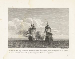 Jan Bart verovert een Hollands fregat, 1677 I mai måned 1677 monterte Jean-Bart 18-kanons Palme, tok en 24-kanons fregatt og seksten handelsskip som hun konvoierte fra Holland til England (tittel på objekt) Samling av Jeas kamper av Yves Marie Le Gouaz