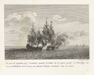Jan Bart verovert een Hollands fregat, 1677 I september 1677 gikk Jean-Bart på 18-kanoner Palme om bord i et nederlandsk fartøy på 36 kanoner, med flere handelsskip under konvoien hans (tittel på objekt) Recueil des combats