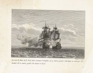 Jan Bart verovert een Hollands fregat, 1678 I mars 1678 gikk Jean-Bart, som kjørte på 14-kanons Dauphin, om bord i et 32-kanons nederlandsk fartøy, kystvakt foran Texel (tittel på objekt) Samling av kampene til Jean-Bart, sjef for Es