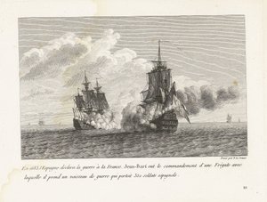 Jan Bart verovert een Spaans schip met 350 Soldaten aan boord, 1683 I 1683 erklærte Spania krig mot Frankrike, Jean-Bart hadde kommandoen over en fregatt som han tok et krigsskip med 350 spanske soldater (tittel på objektet)
