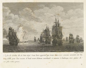 Treffen mellom en vloot under Jan Bart en een Hollandse vloot, 1696 På slutten av kampen 18. juni 1696 får Jean-Bart vite at tretten fiendtlige fartøyer (...) og vender tilbake til Dunkerque med femten av sine rikeste premier (tittel) på objekt) Kompendium