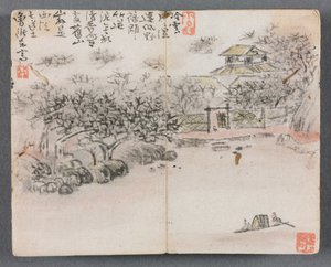Miniatyralbum med figurer og landskapslandskap med to båtmenn, 1822.