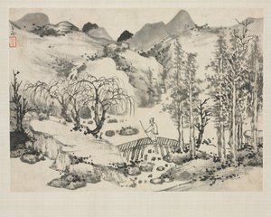 Landscape Album in Various Styles: Landscape with Artist on a Bridge, 1684. av Zha Shibiao