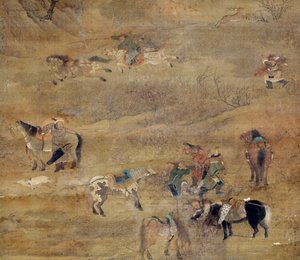 Mongolsk rytter som jager en hest. Detalj. Silkemaleri av Fou Tchao Mong (1254-1322). Yuan-dynastiet (1206–1368 e.Kr.) Paris, Guimet-museet, Nasjonalmuseet for asiatisk kunst