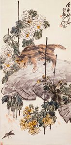 Katt, fugl og krysantemum av Zhen Wang