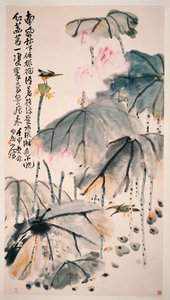Lotus og grønne fugler av Zhen Wang