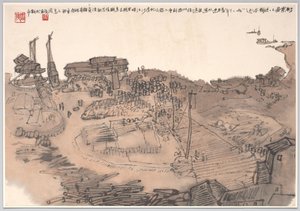 Maleri som viser bryggen til Xinshi, Sichuan-provinsen ved Jinshajiang-elven av Zhou Jun