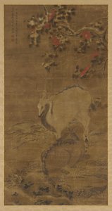 En hjort, en doe og røde kameliaer i snø, 1367. av Zhou Yuan