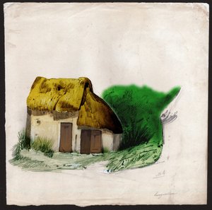 En hytte med stråtak i sentrum av Frankrike. ca. 1830 (illustrasjon) av . .