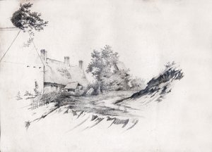 Et gårdshus med stråtak i det sentrale Frankrike. ca 1850 (tegning) av . .
