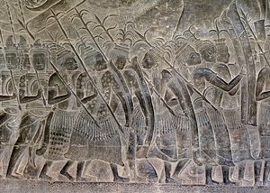 Angkor Wat, Angkor, Kambodsja Tidlig 1100-tall med senere tillegg. Denne detaljen av relieffene i galleriet viser THAI-folket som marsjerer som allierte av Khmer-hæren