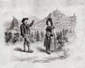 Auvergnats danser fyllingen på Puy en Velay, Frankrike. rundt 1900 (gravering) av . .