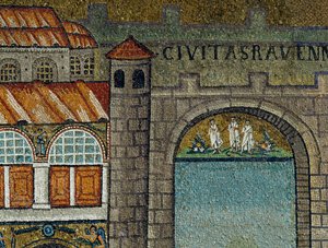Basilica of Sant'Apollinare Nuovo, Presbytery, Detalj av mosaikk som representerer palass ofodoric, Ravenna, Emilia-Romagna, Italia