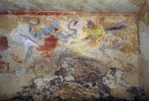 Blå demon med slanger, freskomaleri, Tomb of Blue Demons, Necropolis of Tarquinia (UNESCOs verdensarvliste, 2004), Lazio, Italia Etruskisk sivilisasjon, 5. århundre f.Kr.