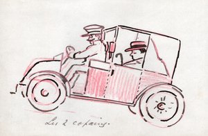 Bil med sjåfør. rundt 1910 (tegning) av . .