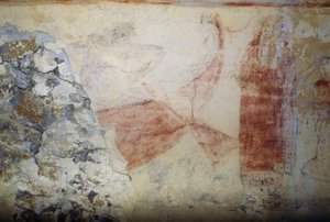 Charons båt, freskomaleri, Tomb of Blue Demons, Necropolis of Tarquinia (UNESCOs verdensarvliste, 2004), Lazio, Italia Etruskisk sivilisasjon, 5. århundre f.Kr. av Georg Carl Heinrich Dollmann