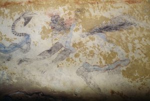 Demon, freskomaleri, Tomb of Blue Demons, Necropolis of Tarquinia (UNESCOs verdensarvliste, 2004), Lazio, Italia, etruskisk sivilisasjon, 5. århundre f.Kr. (bilde)