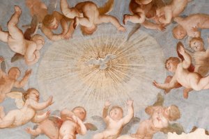 Due av hellig ånd. Fersk. Basilikaen Santissima Annunziata del Vastato. Genova. Italia. av . .