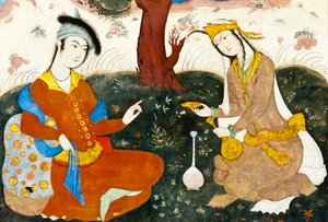 Fresco; to elskere; persisk miniatyr; Chehel Sotoun; Forti Pilars Palace; Isfahan; Iran; Asia av Frederick (attr. to) Barnard