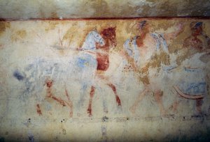 Begravelsesprosesjon med hester og mannsfigurer, freskomaleri, Tomb of Blue Demons, Necropolis of Tarquinia (UNESCOs verdensarvliste, 2004), Lazio, Italia Etruskisk sivilisasjon, 5. århundre f.Kr. av Georg Carl Heinrich Dollmann
