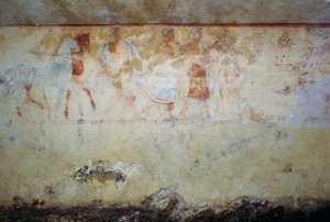 Begravelsesprosesjon med dansere og musikere, freskomaleri, Tomb of Blue Demons, Necropolis of Tarquinia (UNESCOs verdensarvliste, 2004), Lazio, Italia Etruskisk sivilisasjon, 5. århundre f.Kr. av Georg Carl Heinrich Dollmann