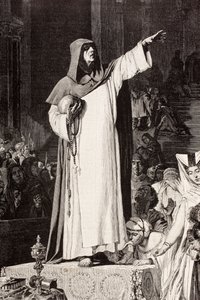 Girolamo Savonarola (1452 – 1498), italiensk dominikansk munk som forkynte mot umoral og luksus som ville friste synd, etter et verk av De Langemantels, fra 'El Mundo Ilustrado', utgitt Barcelona, rundt 1880 av Ferdinand Georg Waldmuller