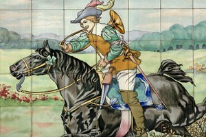 Innvendig visning, flispanel, maler Furcy Ernest Tondeur, eksekutør Boch Frères La Louvière, andre panel viser jaktscene med galopperende rytter med jakthorn av . .