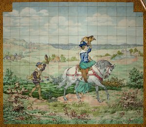 Innvendig visning, flispanel, maler Furcy Ernest Tondeur, eksekutør Boch Frères La Louvière, andre panel, jaktscene med en adelsmann og en adelskvinne med falker av . .