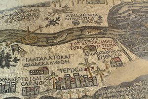 Jeriko og dens omgivelser, inkludert elven Jordan og Dødehavet, detalj av Det hellige land-kartet, gulvmosaikk, ca 560 e.Kr., apsis av basilikaen Saint George, Madaba, Jordan, bysantinsk sivilisasjon, 600-tallet e.Kr. av School Lebanese