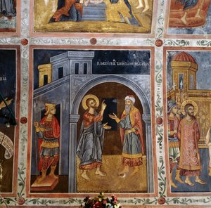 Jesus taler til Pontius Pilatus, freskomalerier med scener fra Jesu liv, Mikro Sotiris kloster, Symi-øya, Hellas (bilde) av Georg Carl Heinrich Dollmann