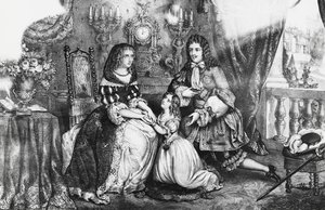 Kong Ludvig XIV og hans datter trygler hertuginnen Louise de La Valliere om ikke å trekke seg tilbake til klosteret